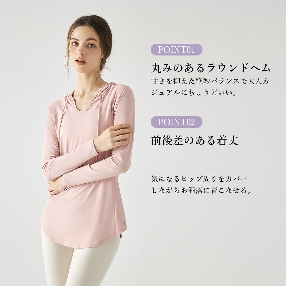 Yomoment Long Sleeve with Sun Round Perfect for Hot and White Women's T-Shirt Hood, Protection, V-Neck, Hem, Sweat-Wicking, Quick-Drying, Yoga,