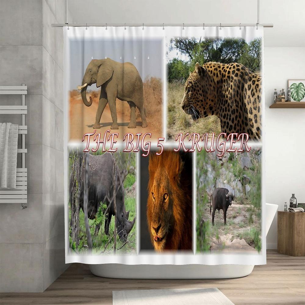 Big 5 Kruger Shower Curtain African Animal Print Decor for Bathroom Custom Size Available (Elephant Leopard Rhinoceros Buffalo)
