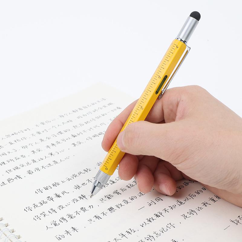 Six-in-One Tool Pen: Capacitive Stylus, Dual-Head Screwdriver, Scale, Level, Metal Ballpoint Pen.