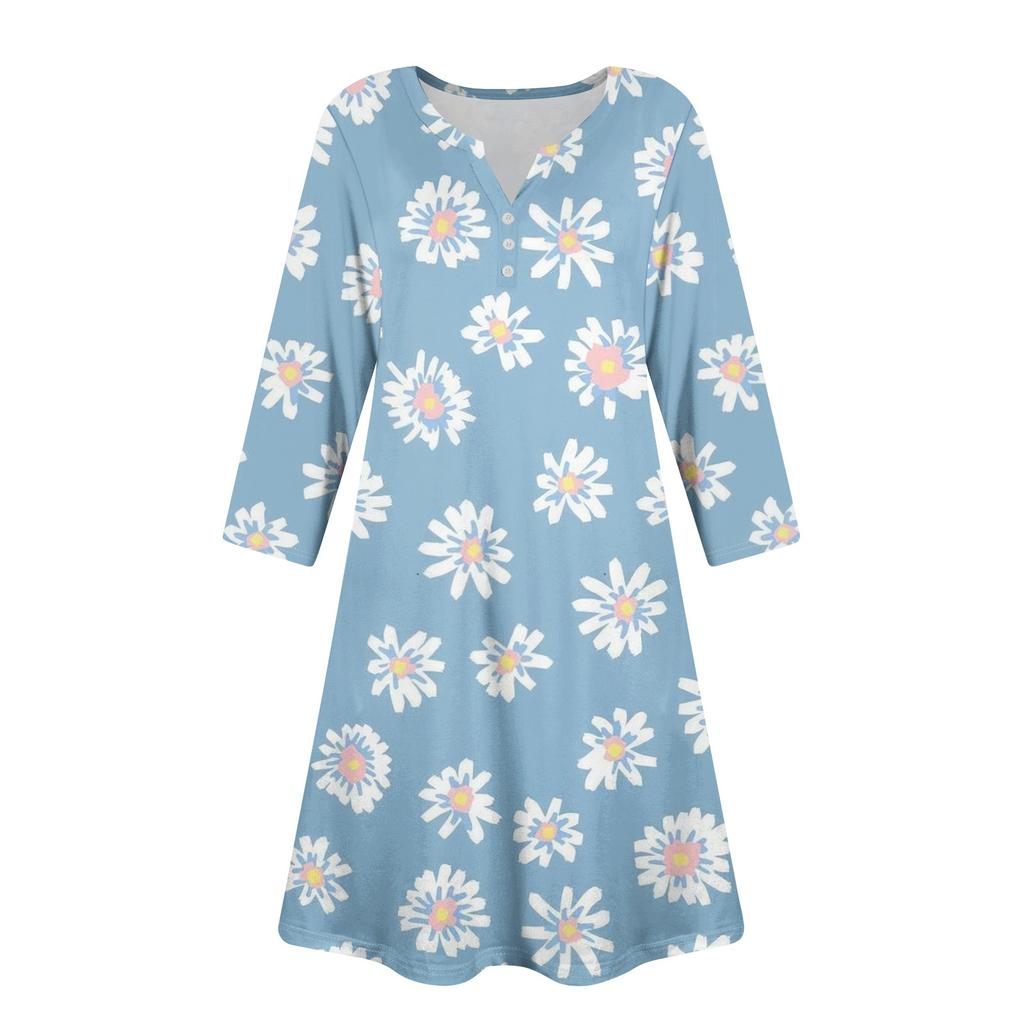 Women's Summer Dress Loose V Neck Three-quarter Sleeve Sundress With Pockets Dress