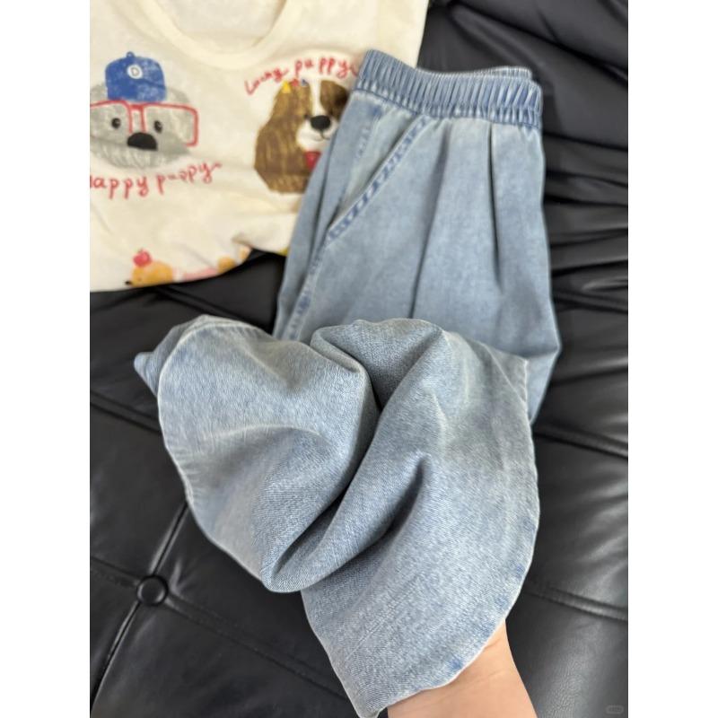Womens High Waisted Solid Color Wide Leg Casual Loose Long Denim Trousers S