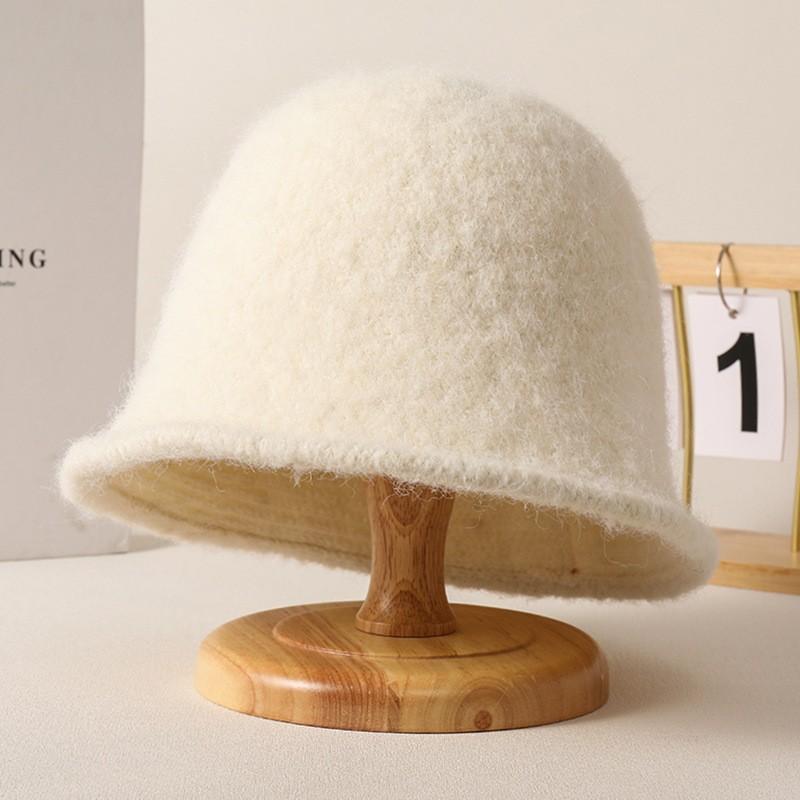 Autumn and winter woolen new high-end solid color bucket hat women's warm versatile sunshade basin hat plush bucket hat