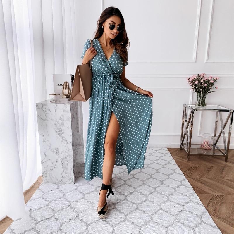 Wish Summer Short Sleeve Collar Bohemian Polka Dot Print Dress Long Dress Temperament