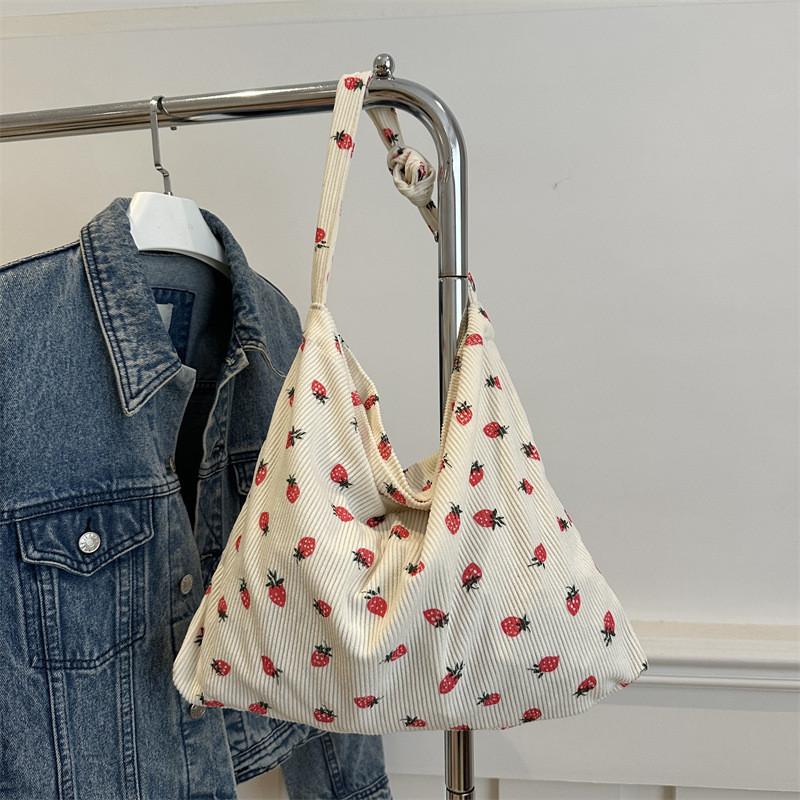 Corduroy Strawberry Print Tote Bag With Magnetic Closure For Daily Use