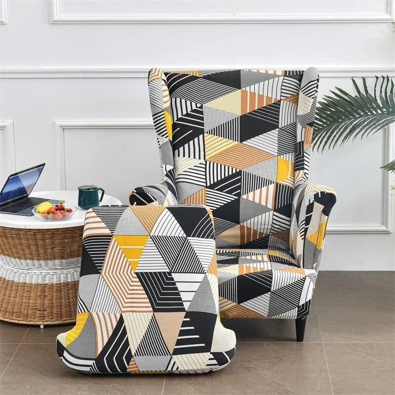 Geometric Wing Back Chair Cover Stretch Floral Spandex Armchair Covers Footstool Single Sofa Slipcovers With Cushion Cover