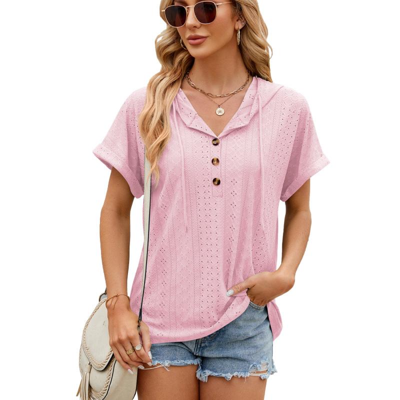 2026 Spring/Summer New Solid Color Buttoned Hooded Loose Short-Sleeve T-Shirt for Women