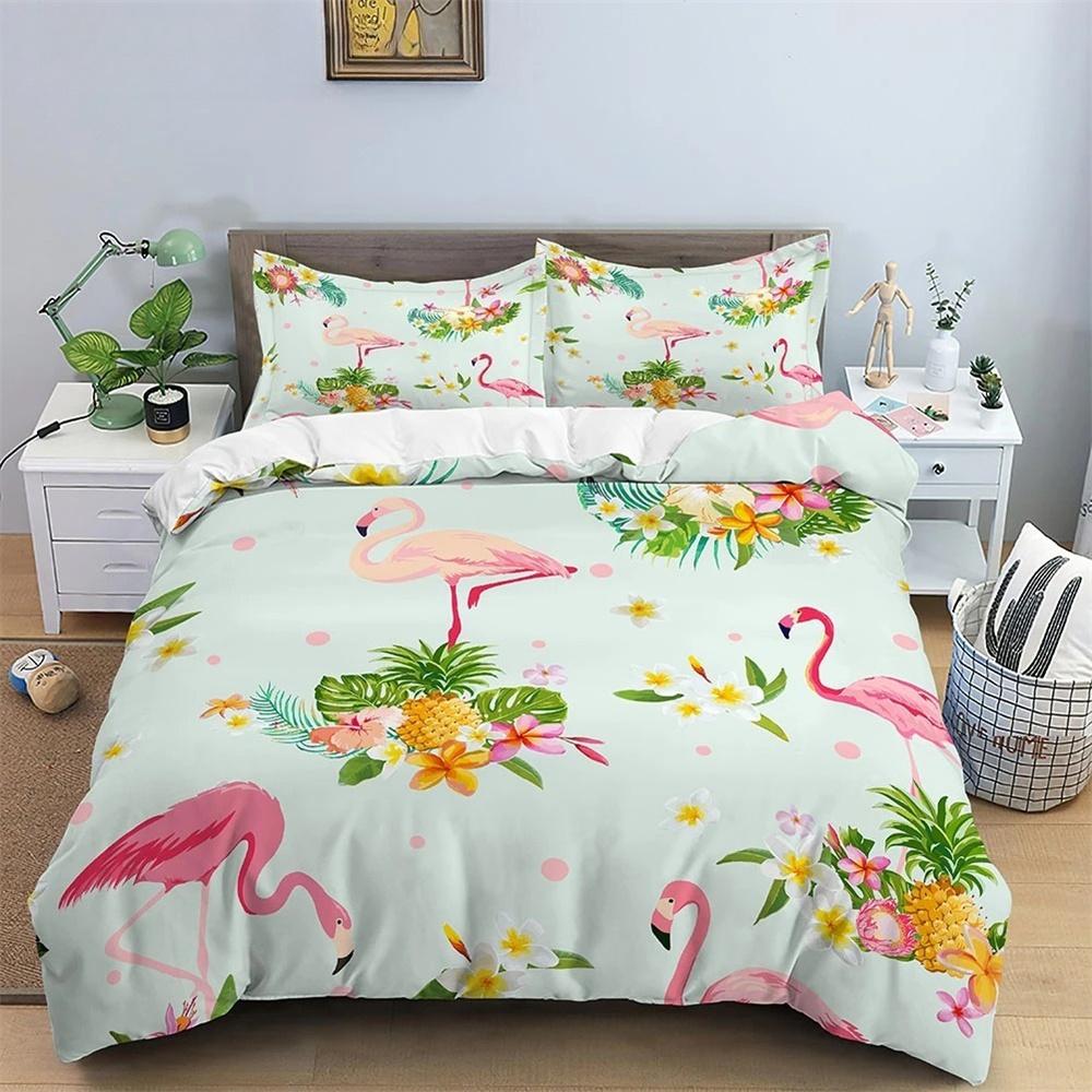 Animal Flamingo King Queen Duvet Cover Cartoon Pink Tropical Bird Bedding Set for Kids Teens Aduls Blue Soft 2/3pcs Quilt Cover