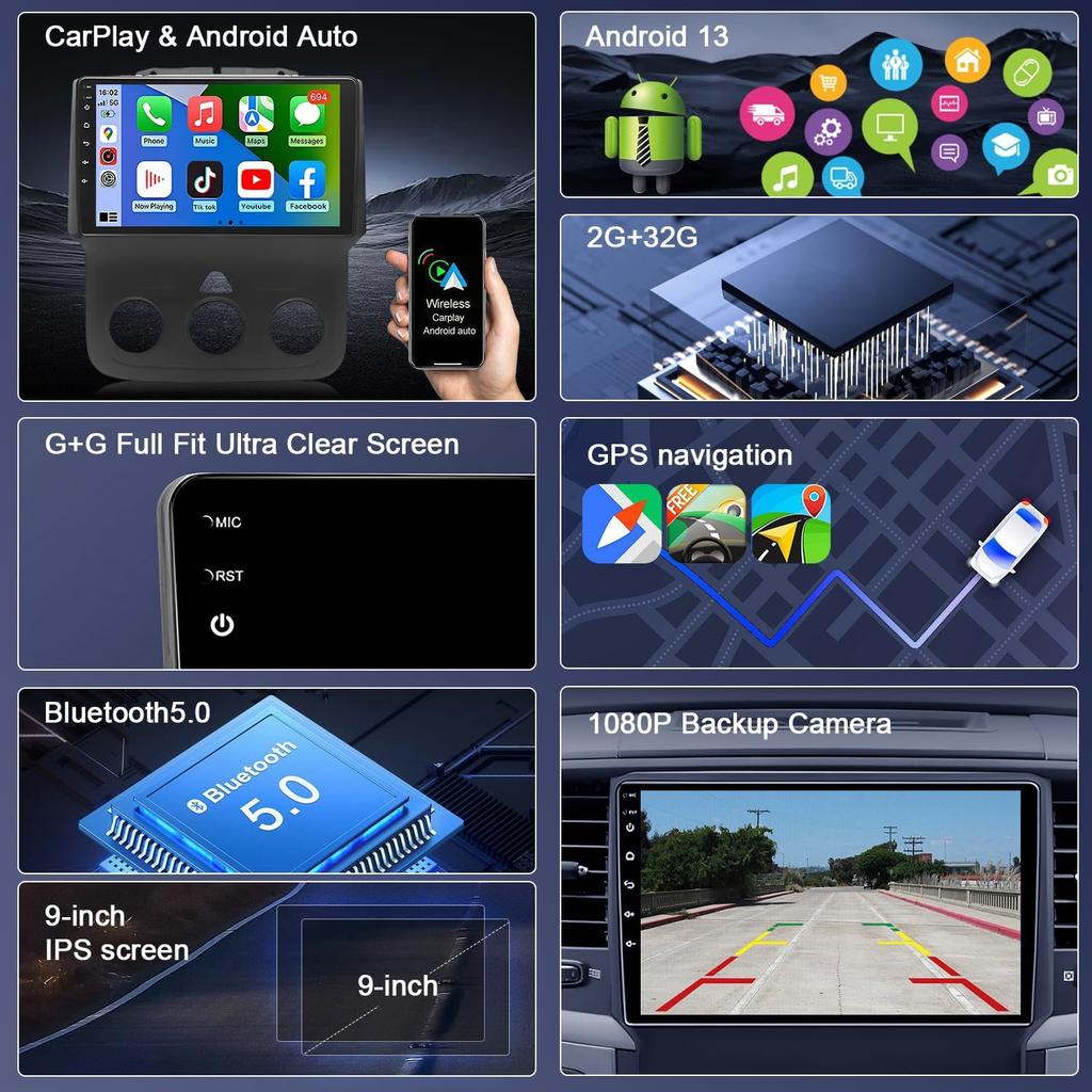 Car Stereo Radio for Dodge Ram 1500 2500 3500 2013-2019, Touchscreen, CarPlay, Android Auto, GPS, Backup Camera, Android 13