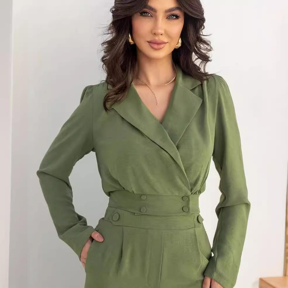 2024 Herbst Europäisch & Amerikanisch Einfarbig Revers Taillenbindung Top und Hochtaillierter Weitbein-Hosenanzug