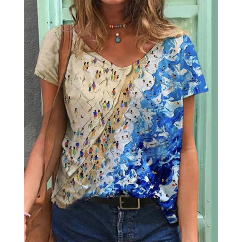 New Flower Floral 3D Print T-shirt Women V-Neck Short Sleeve Tees Y2k Tops Streetwear Harajuku Oversized T Shirts Woman Clothing