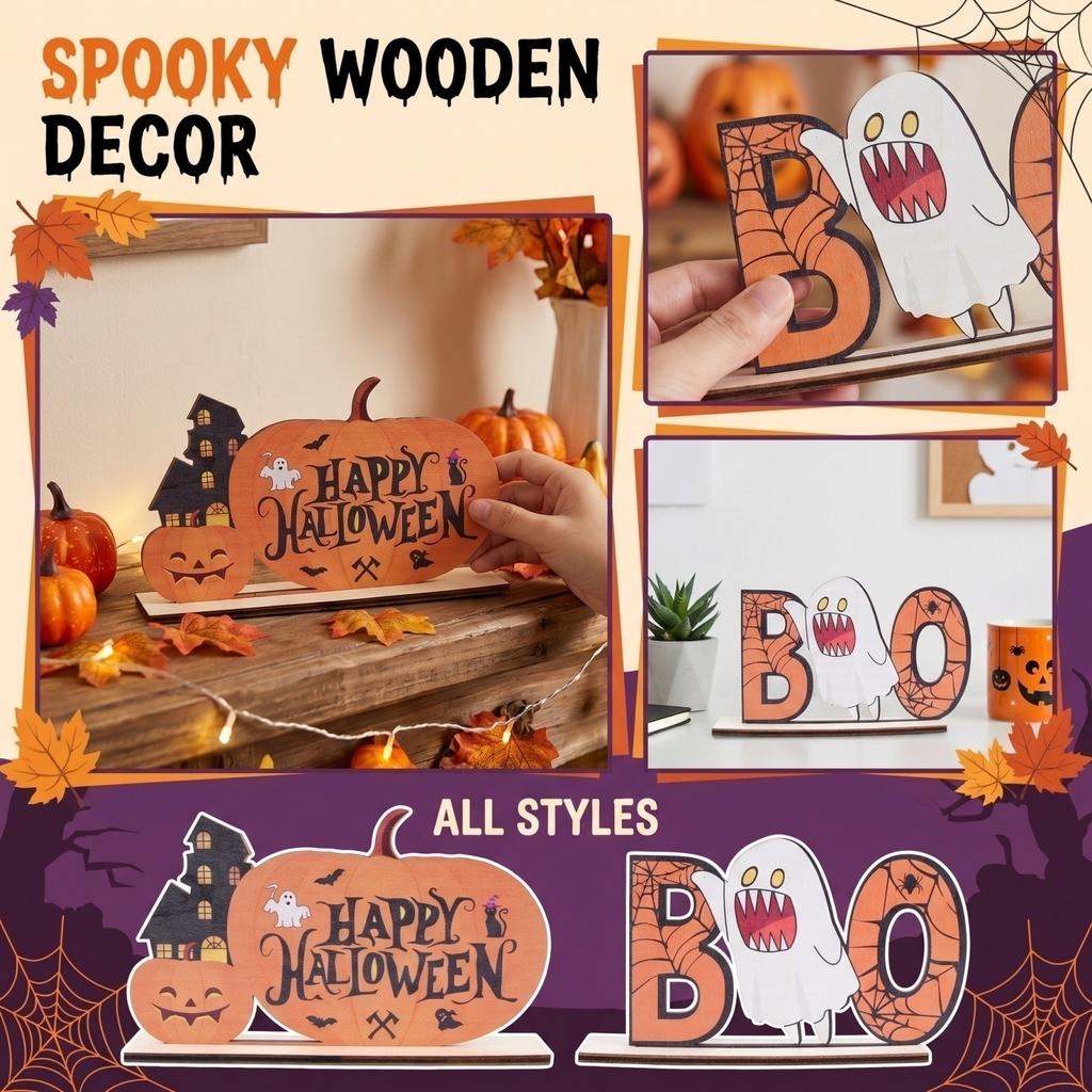 Wooden Halloween Pumpkin Decoration with Haunted House and Ghost Design Tabletop Ornament for Seasonal Home Display and Holiday Decor