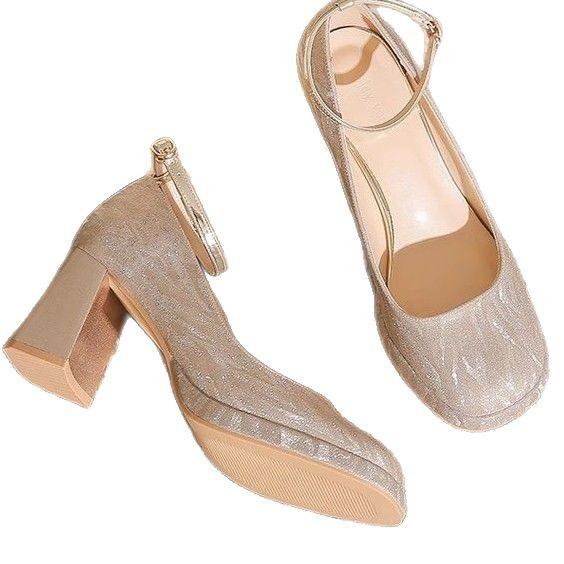 A straight buckle platform fine flash spring new high heels Mary Jane premium sense square toe block heels women