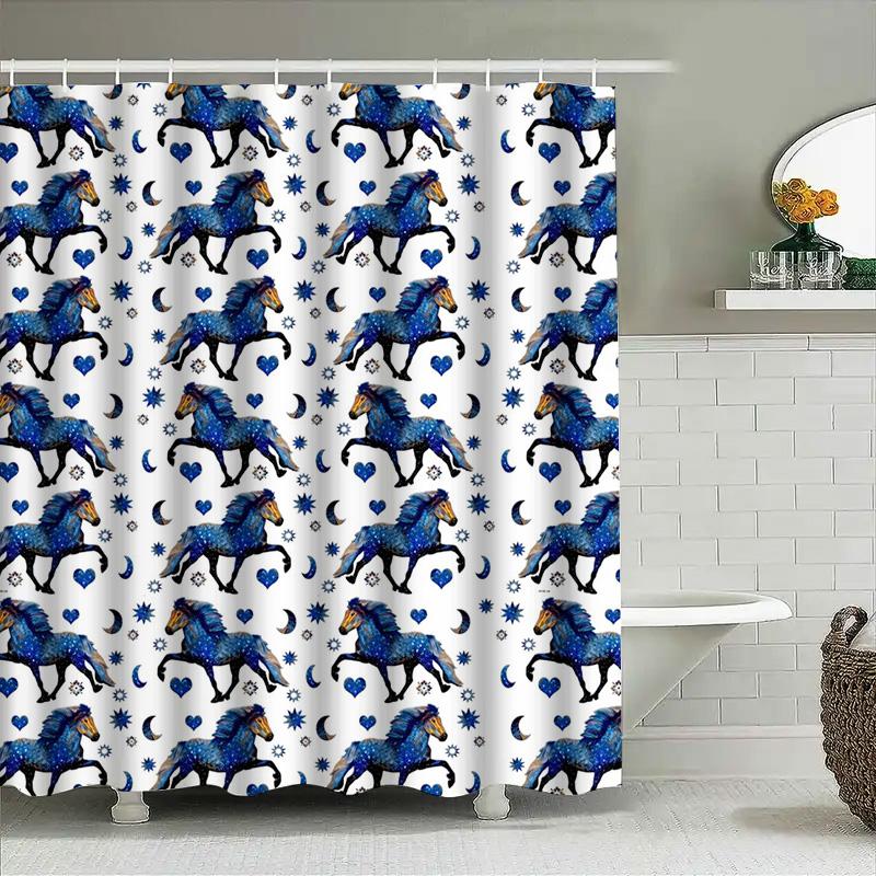 Blue Floral Horse Shower Curtain Set Decorative Waterproof Bath Mat Bathroom Accessories White Blue Pattern Design (180 x 240cm)