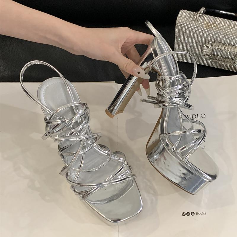 Mode 15cm Ultra High Heels Mode Plateau Wedges Damen Gladiator Sandalen Sexy Schmaler Riemen Knöchelriemen Nachtclub Party Klobige Schuhe