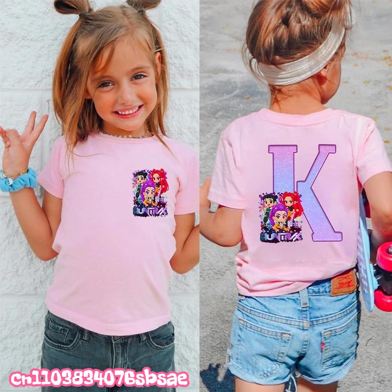 Fashion A-Z 26 Letter Print Kids Clothing Kpop Demon Hunters Graphic Y2k Tops Girls Boys Short Sleeve Tees Child T-shirts