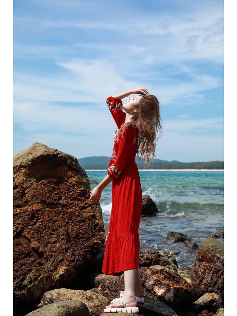 Women's White Embroidered Ethnic Summer Beach Dress with Big Swing Skirt