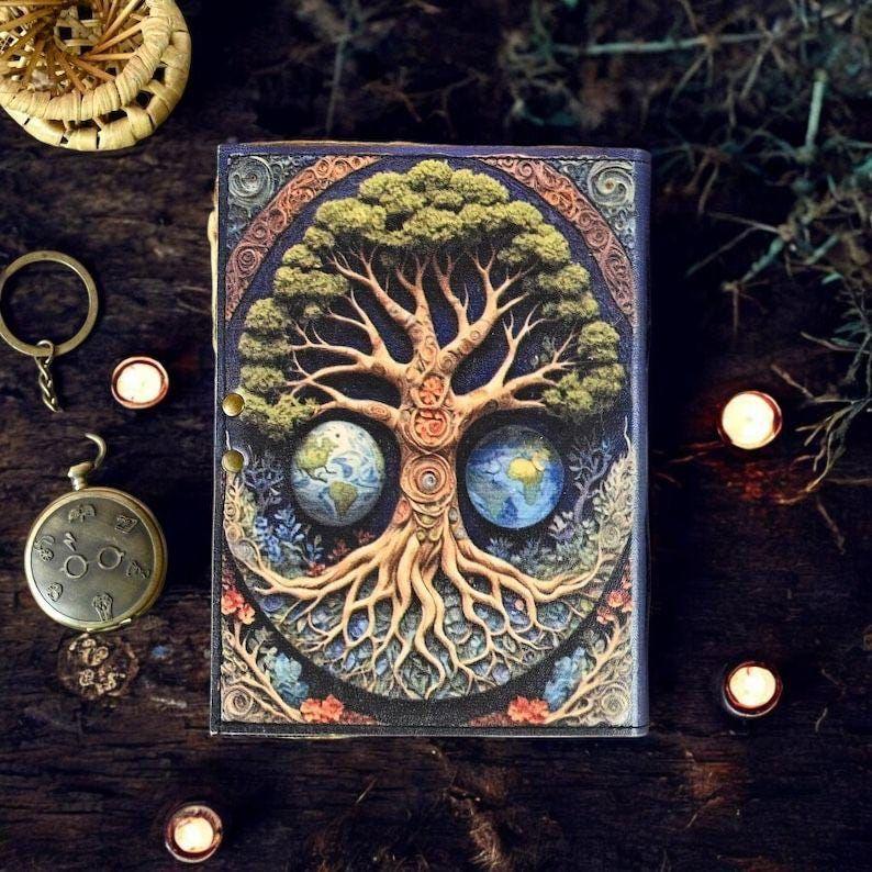 Vintage Leather Journal, Tree of Life Fat Journal, Blank Spell Book of Shadows Celestial Gifts For Him Her