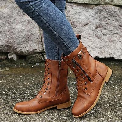 Mode Neue Plus Größe Retro Frauen Westernstiefel Punk Lace Up Schnalle Motorradstiefel Reißverschluss Mitte der Wade Stiefel Damen Kurze Botas