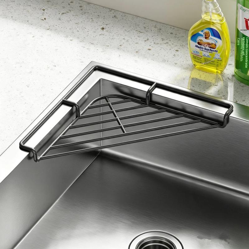 Stainless Steel Sink Corner Rack Anti-Rust Punch-Free Dish Drying Rack Quick Water Drainage Hollowed Dishcloth Sponge Stand