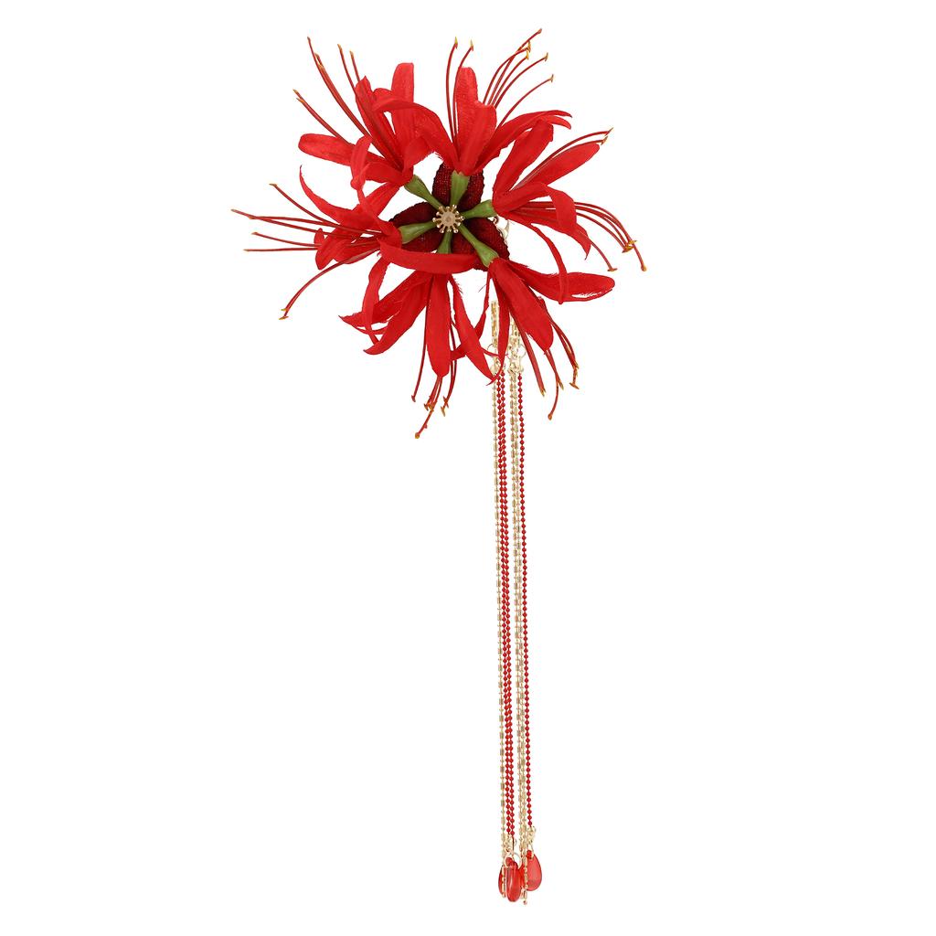 Chinese Style Women Flower Hairpin Fine Workmanship Red Lily Tassel Hairpin for Birthday Stage Party Show