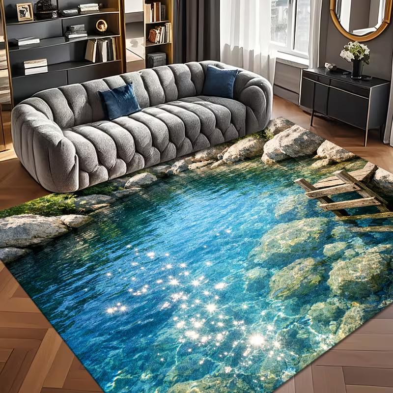 Optical Illusion Rock Pool Blue Water Area Rug Anti Slip Floor Carpet Nature Lake Print Living Room Bedroom Indoor Floor Mat