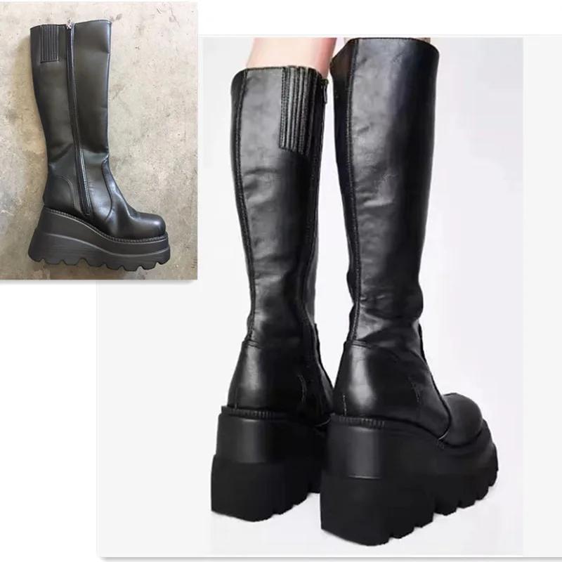 Fashion Punk Women Platform Boots Elastic Microfiber Chunky Heel Mid-calf Ladies Boots 2024 Spring Autumn Brand Black Goth Women Shoes