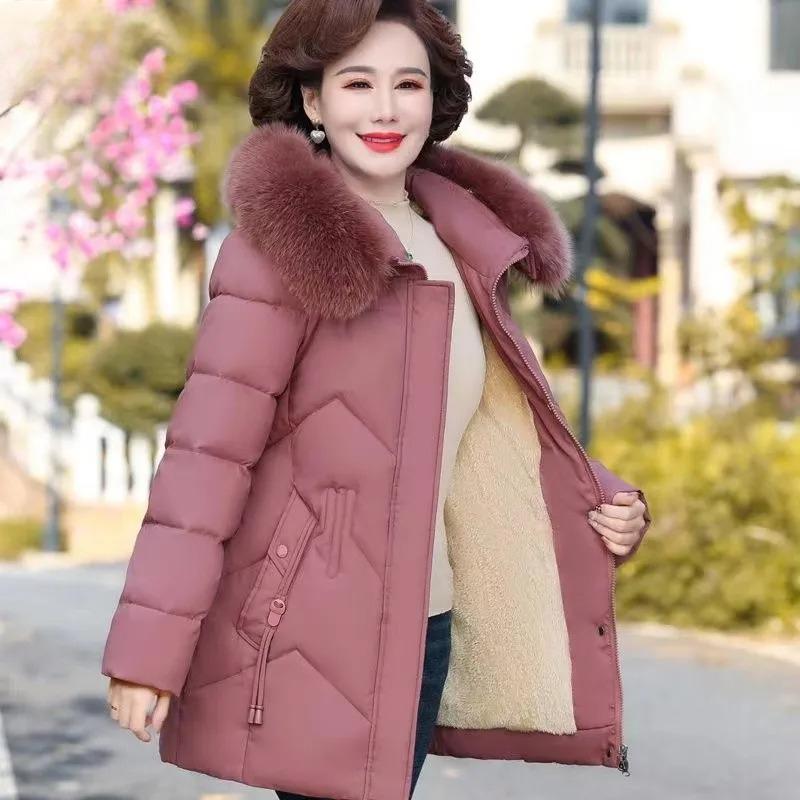 Winter Clothes Medium Long Down Cotton Jacket Women Middle-aged Plush Thickened Cotton Jacket Female Outwear
