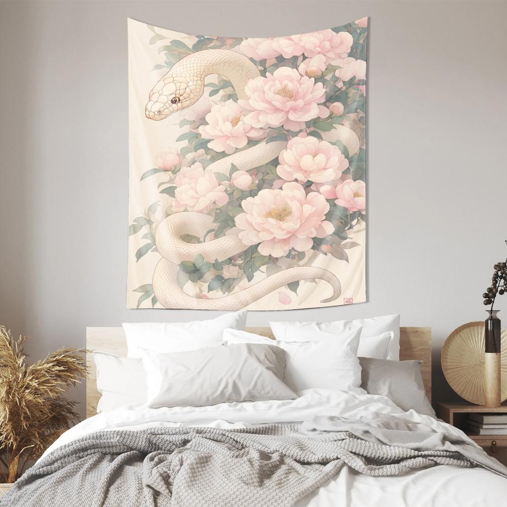 Elegant Snake and Peony Tapestry Beautiful Art Wall Hanging Essential Home Decor