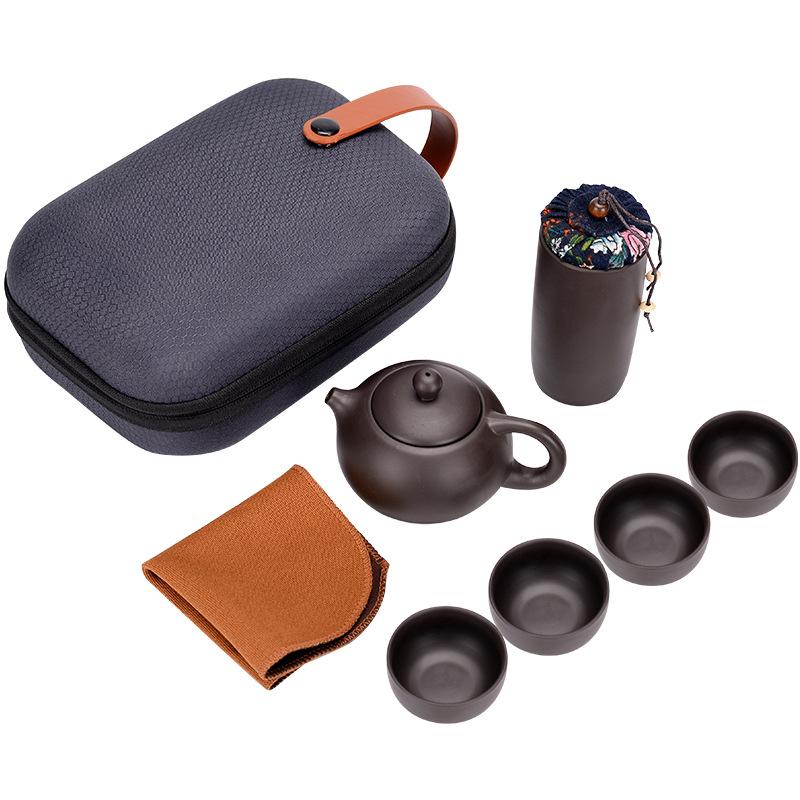 Chinese Shi Porcelain Tea Sets, Ceramic Yixing Purple Clay Kettle Kung Fu Tea Set, Travel Set, 1 Pot, 4 Cups, 1 Jar, 130ml, 5Pcs