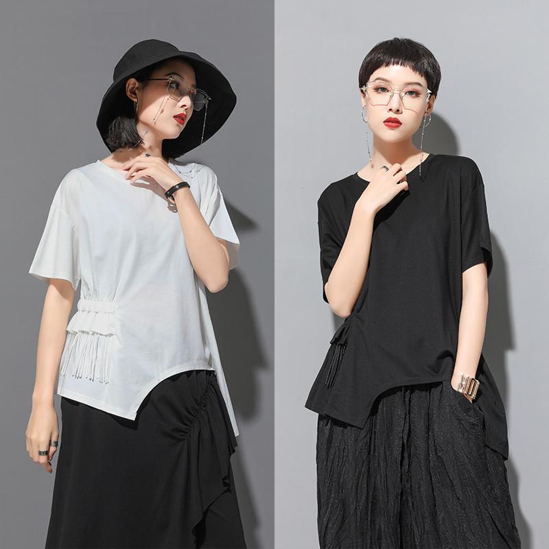 European & American Summer Women's Lace Tassel T-Shirt: Short-Sleeved, High-Street, Ins-Style, Cold Splicing, Irregular Design.