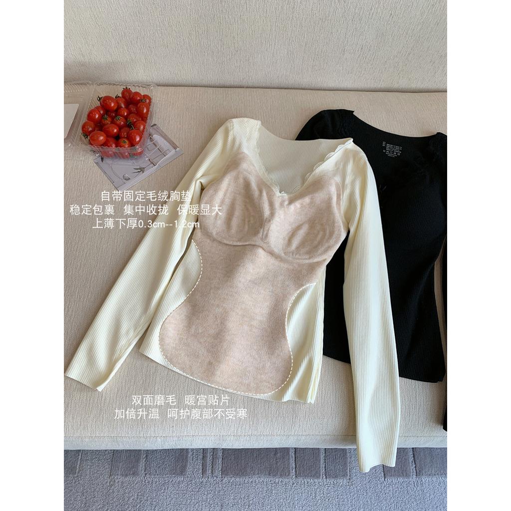 Lace V-neck thermal underwear set for women with chest pads, heating and belly protection, slim and thin bottom long johns top