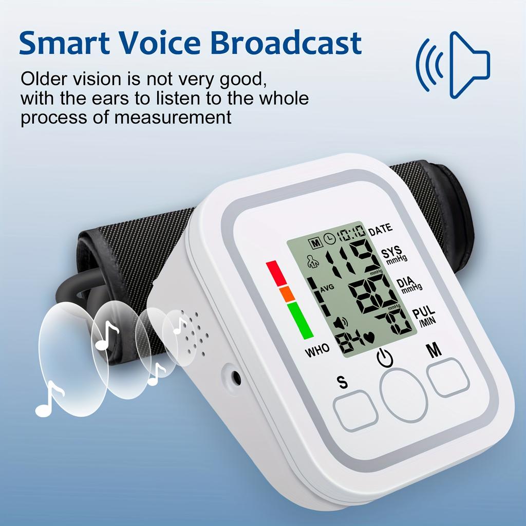 All-in-One Portable Upper Arm Blood Pressure Monitor Large LCD Display One-Touch Operation Voice Reports Hypertension Alerts