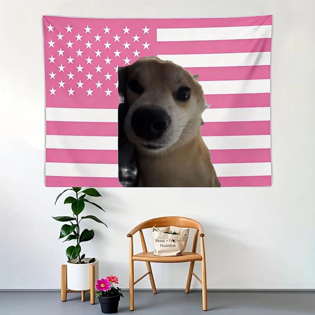 Cheems Pink American Flag Tapestry Funny Meme Wall Hanging for Bedroom Dorm Decor Perfect Gift for Dog Lovers