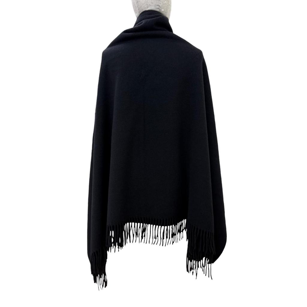 Very Good HERMES Logo embroidered, fringed, extra-large stole, black cashmer Used
