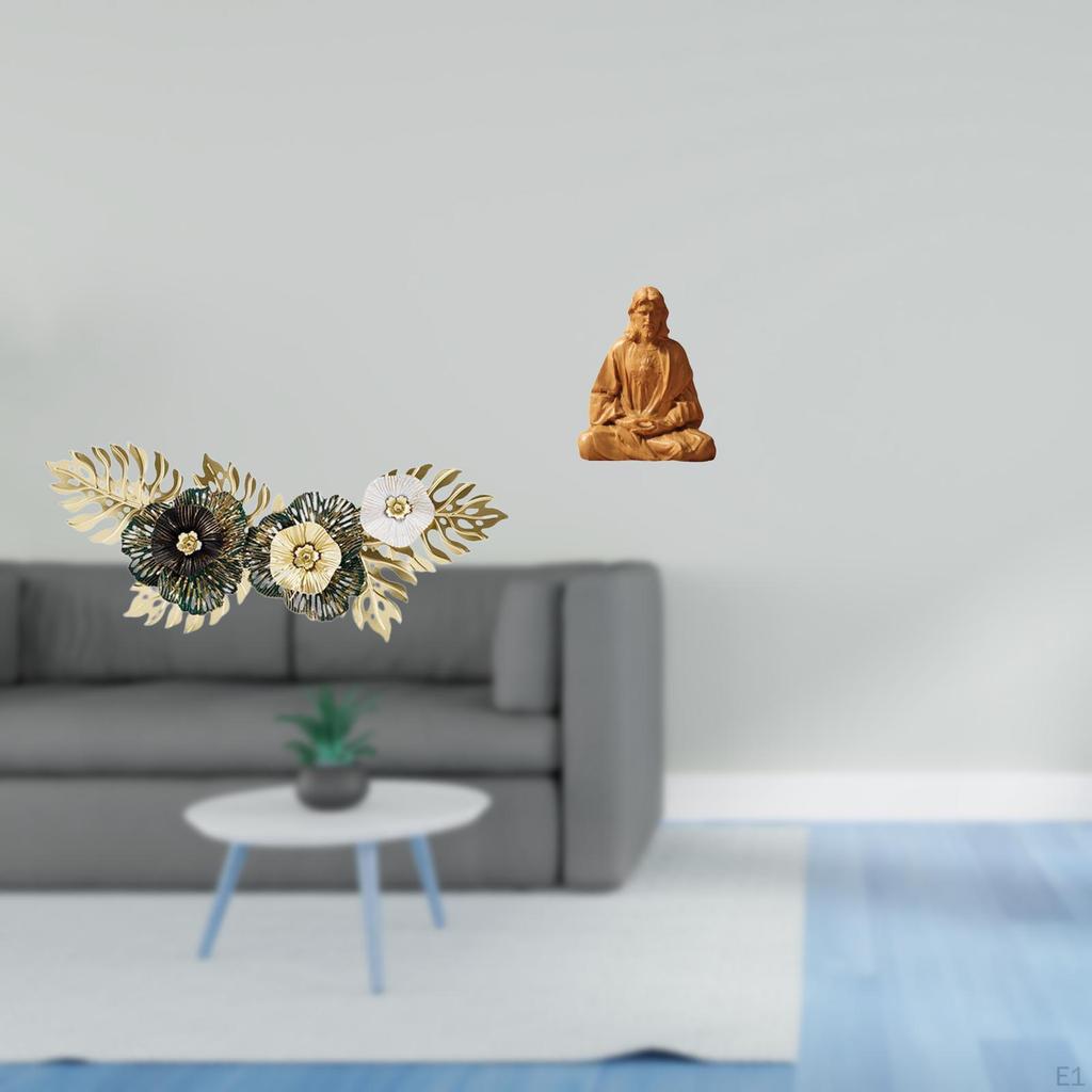 Nordic Metal Wall Art Sculpture with Flower Leaves And Sacred Heart of Jesus Figurine Decorative