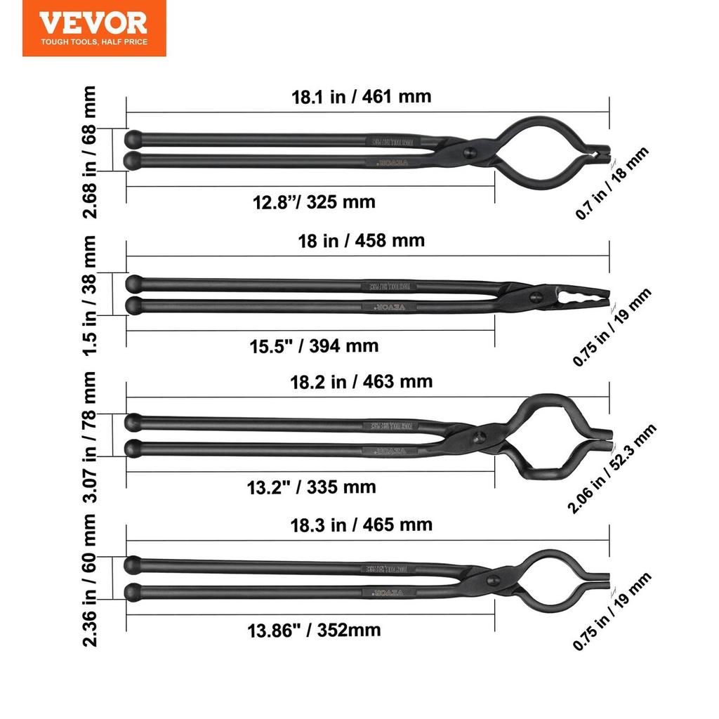 Blacksmith Tongs, 18” 4 PCS, V-Bit Bolt Tongs, Wolf Jaw Tongs, Z V-Bit Tongs and Gripping Tongs, Carbon Steel Forge Tongs with A3 Steel Rivets, for