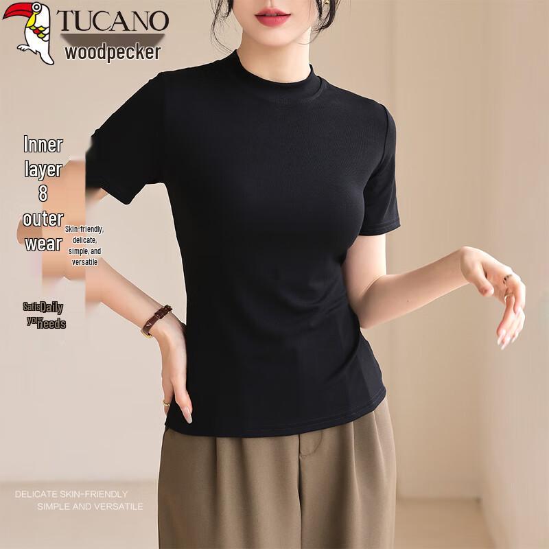 Women s Semi-High Collar Slim Fit Short Sleeve T-Shirt M