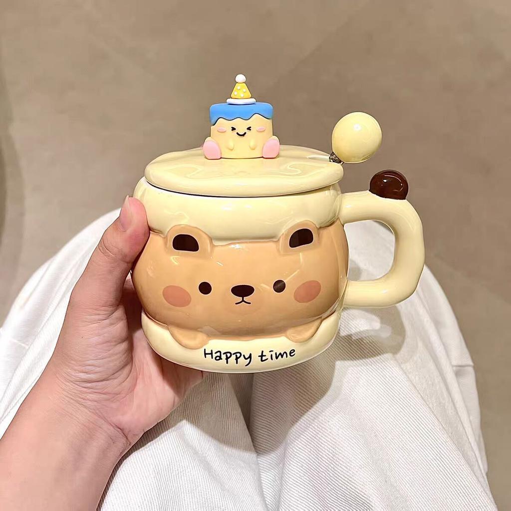 Cute Ceramic Mug With Lid Spoon Household Drinking Cup Couple Breakfast Coffee Cup Birthday Gift For Girls