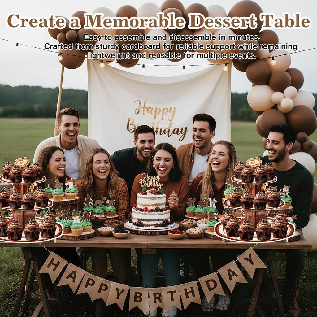 Wooden 3 Tier Cupcake Stand, Wood Style Cake Stand for Party Decorations Baby Shower Decoration, Enchanted Forest Safari Birthday Cupcake Decorations