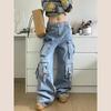 Autumn Winter Ladies Cargo Jeans American Street Style Baggy Cargo Pants Women Blue Multi Pocket Wide Leg Jeans Women