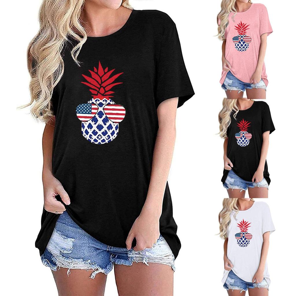 Womens T-Shirt Summer Independence Day Fashion Casual Printing O-Neck Loose Short Sleeve T-Shirt Pullover Tops
