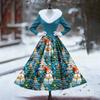 Women's Casual Dress Long-Sleeve V-Neck Patchwork Fleece Christmas Print Dress