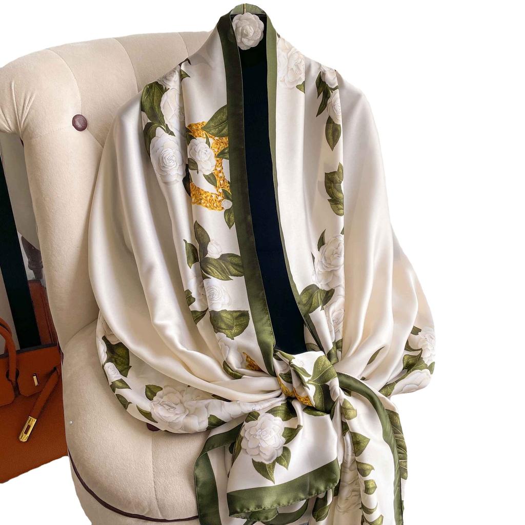 Spring, Summer And Autumn Simulation Silk Scarf Women'S Camellia Decoration Versatile Shawl Sunscreen Beach Towel