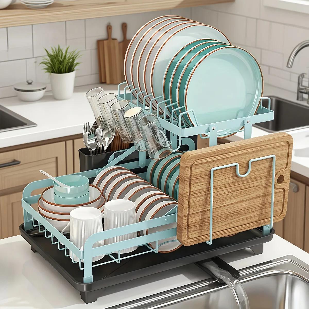 

2-Tier Dish Drying Rack, Countertop Drainer with Utensil Holder, Cutting Board Rack & Drain Tray, Stainless Kitchen Organizer тиффани синий