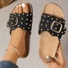 Fashion Buckle Rivet Decor Flat Sandals for Women 2025 Summer Retro Thick Sole Non Slip Slippers Plus Size Comfort Platform Beach Shoes