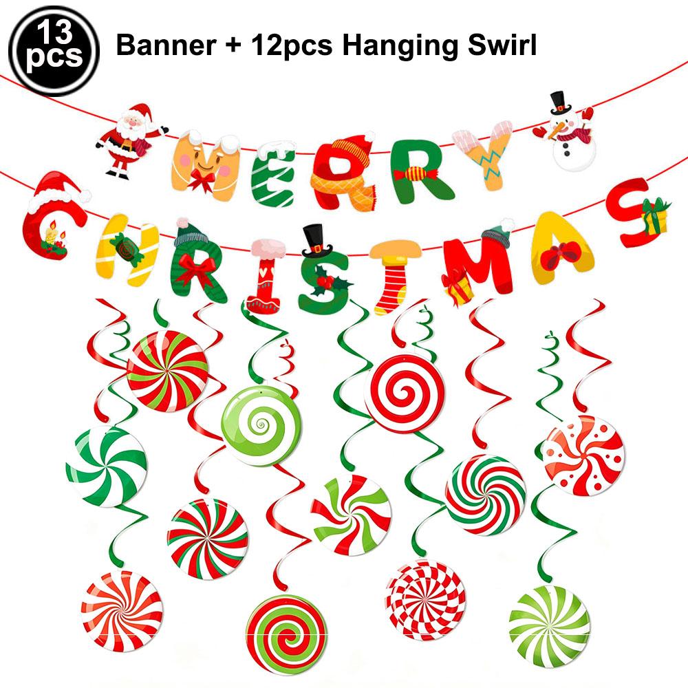 Merry Christmas Banner Hanging Swirl Decorations Set Xmas Holiday Santa Snowman Elk Sign Hanging Indoor Decor Party Supplies