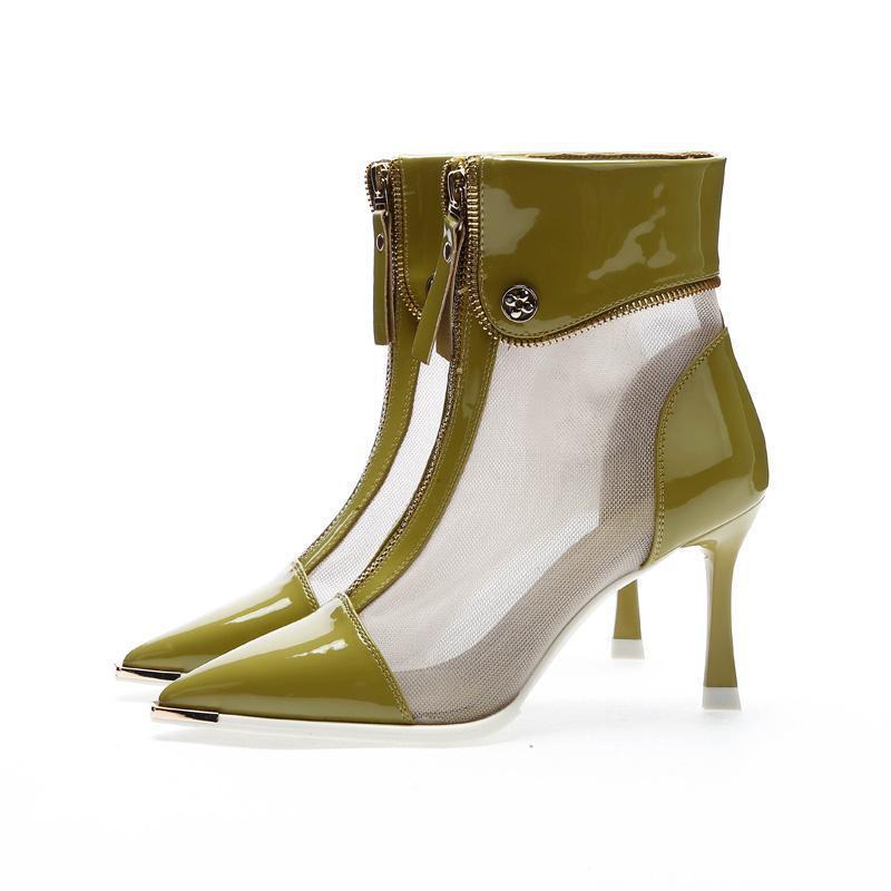 Korean version breathable mesh fine heel cool boots women's spring and autumn 2025 anti-collision pointed short boots patent leather hollow high h