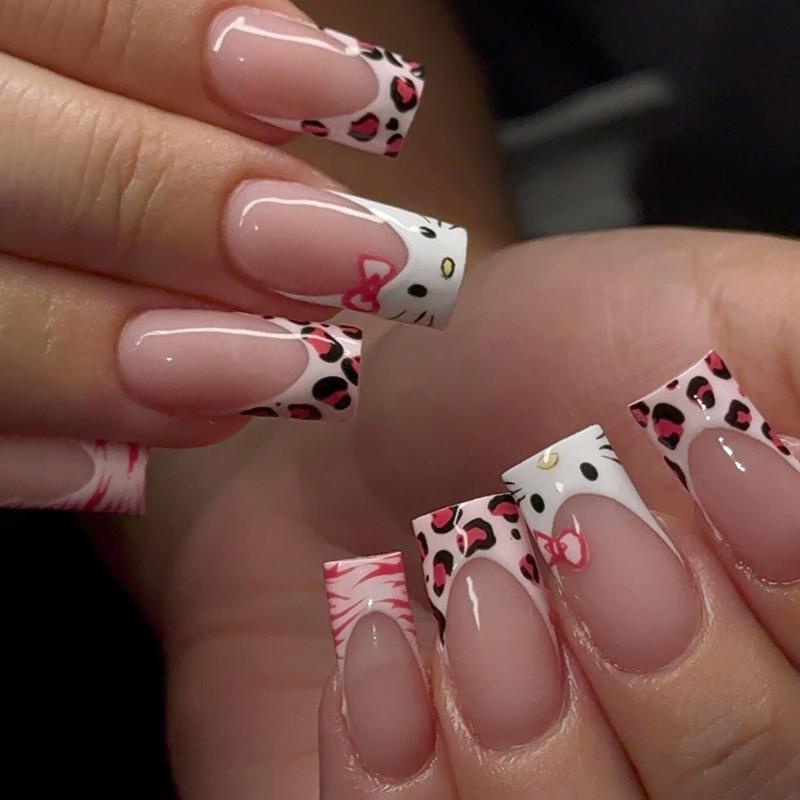Sweet pink leopard print kitten French girl, wind removable wearing armor 30 pieces press on nails