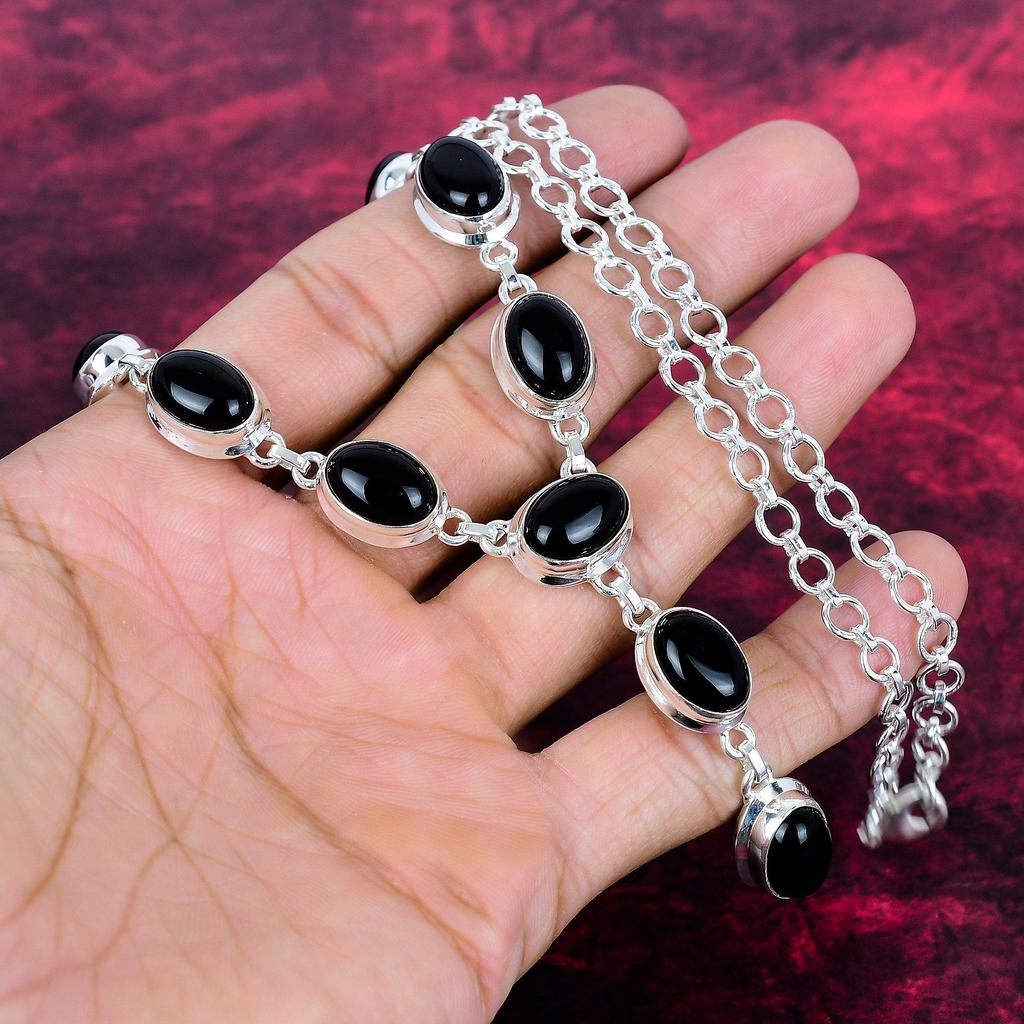 Black Onyx Handmade Gemstone Necklace, 925 Solid Sterling Silver Necklace Antique Jewelry, For Engagement Gift
