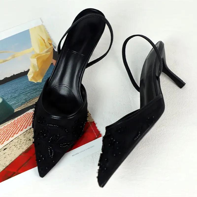 Sexy Pointed Toe String Bead Pumps Women Black Mesh Embroider Heeled Sandals Summer Elegant Party Shoe Zapatos De Mujer